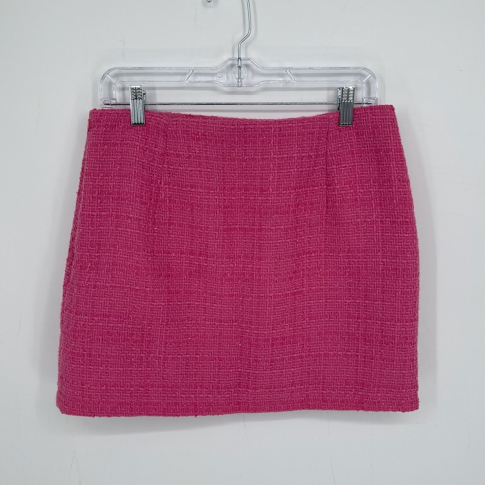 i i i Women's Pink Metallic Boucle Wool Blend Coquette Tweed Mini Skirt Size M